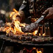 A duel between a knightly steak and a dragonshaped flame, grilling to perfection in a medieval cookoff , clean sharp focus