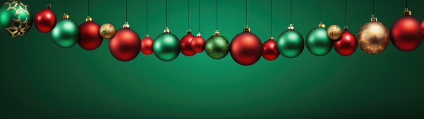 Wall Mural - A row of Christmas ornaments in red and green hang from above against a green background.