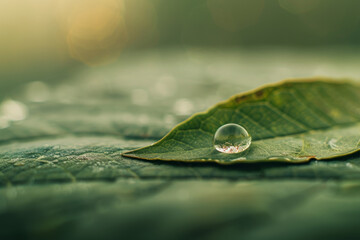 water droplet on leaf in soft light, tranquil natural detail