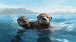 Two otters swimming in a body of water. The sky is blue with light clouds, and there are mountains in the background. The water is blue, and the otters are brown with black accents on their heads.