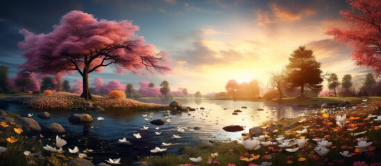 Canvas Print - The serene beauty of a sunset setting behind trees and flowers in the foreground