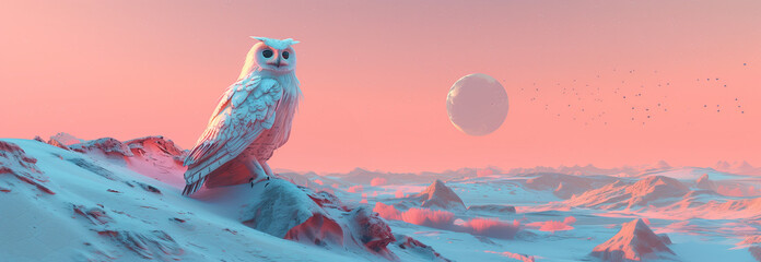 Canvas Print - An owl in a desert, landscape  in the style of futuristic surrealism