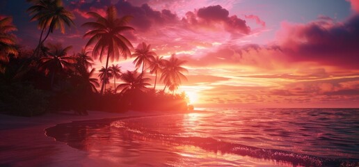 Wall Mural - A vibrant sunset over the palm trees on an exotic beach, creating a breathtaking and colorful scene that evokes feelings of relaxation and bliss Generative AI