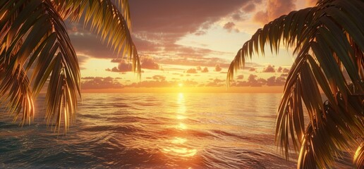Wall Mural - A beautiful sunset over the ocean with palm trees and beach, creating an enchanting tropical scene Generative AI