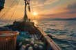 fishing boat full of fish nets at sunrise