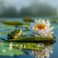 the frog sitting on a water lily leaf next to it is a white water lily flower in a pond that is green in color, the sky is blue. there are drops of water on the water lily leaf 