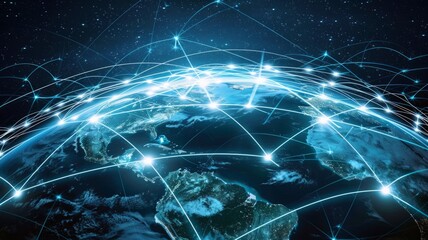 Poster - Futuristic global network over Earth from space - A mesmerizing depiction of the Earth from space wrapped in a web of digital network lines and stars