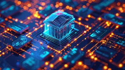 Poster - 3D futuristic digital house on circuit board - A striking 3D digital representation of a house glowing atop a cybernetic circuit board, indicating smart home technology