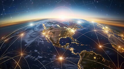 Poster - Sunrise over Earth with network lines connecting cities - A stunning depiction of dawn breaking over Earth with network lines illustrating global communication and connectivity between cities