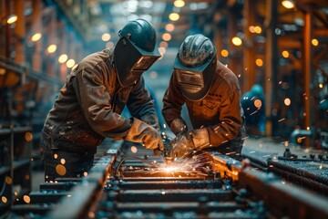 workers in uniform and protective masks are welding the structure on the construction, AI generated