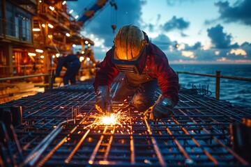 workers in uniform and protective masks are welding the structure on the construction, AI generated