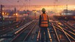 An engineer wearing a safety vest standing confidently on the railway tracks generative ai