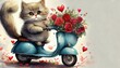 Fluffy cat on cute blue moped with a lush bouquet of flowers with red Hearts 