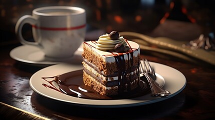 Wall Mural - A slice of chocolate cake with whipped cream and a cup of coffee sit on a wooden table.