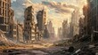 A city street is filled with rubble and debris, with towering buildings on either side. The sky is filled with clouds and the sun is shining through the ruins.