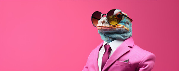 Wall Mural - Funny lizard wearing a pink suit and glasses on red pink background.