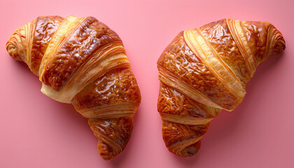 Two croissants are on a pink background. AI.