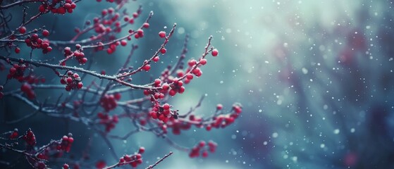 Poster -   A close-up of a tree with red berries on its branches and snow falling from them