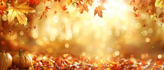 Poster -   A picturesque autumn landscape featuring vibrant leaves and pumpkins in the foreground against a stunning backdrop of twinkling lights