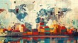 Abstract colorful world map with shipping containers - Stylized image of global trade with vibrant shipping containers over a digital world map, indicating busy maritime logistics