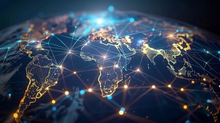 Poster - Global network connectivity world map design - Beautifully rendered image of the world map with interconnecting lines and dots portraying global connections