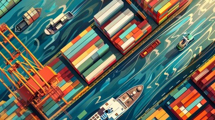 Poster - Aerial view of colorful marine cargo yard - Bird's-eye view of a bustling cargo port depicted with a vivid palette, highlighting busy marine trade operations