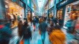 Fototapeta  - Vibrant urban scene: motion blurred crowd in busy shopping street during rush hour, city life concept