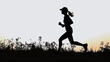 silhouette of a female person with ponytail and baseball cap jogging along a meadow 