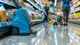 Fototapeta  - Professional cleaning services worker operating floor washing machine to sanitize supermarket premises: hygiene maintenance in retail environment