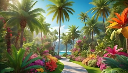 Wall Mural - AI generated Vibrant greenery, exotic flowers, and palm trees create a paradise-like summer haven