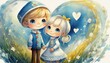 Girl and Boy with Hearts on blue background. 