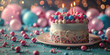 Colorida tarta tercer cumpleaños, globos decorativos en rosa y azul, 3 velas encendidas, crema, chispas o perlas de azúcar, luces difuminadas al fondo espacio para copy