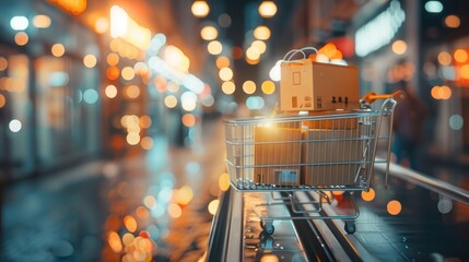 Poster - Enigmatic blurred bokeh background with enhanced e-commerce design and logistics elements, ideal for retail and online shopping concepts