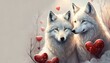 grey wolfs with red hearts