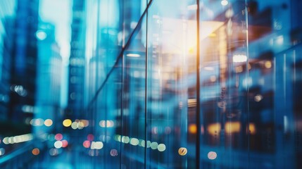 Poster - Modern business office building with glass wall illuminated in blue light, blurred cityscape background - business concept, urban architecture scene