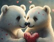 two white bears with red heart, art card