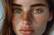 Close-Up Portrait of a Young Woman with Freckles and Blue Eyes