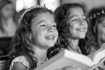 Wall Mural - First communion joy: heartwarming moments of young believers in white dresses, celebrating this sacred Christian sacrament with faith, purity, spirit of spiritual growth in memorable church ceremony.