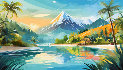 Wall Mural - Beautiful summer landscape. Blue sea water. Beautiful mountains and plants. Natural backdrop.