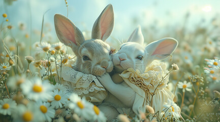 Wall Mural - Two spring rabbits in a field of flowers