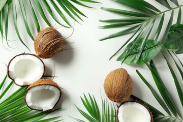 Wall Mural - open coconuts with palm leaves on white background