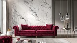 Fototapeta  - Inviting light living room interior with elegant white and marbled accent wall, luxurious premium lounge furniture including magenta maroon burgundy sofa - rich design concept for stylish home décor
