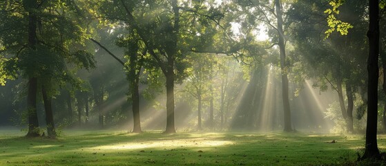 Poster -   Sunlight filters through trees in a lush forest of tall, leafy trees and green grass