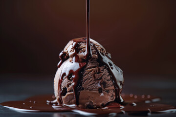 a chocolate ice cream cone with chocolate drizzled on top