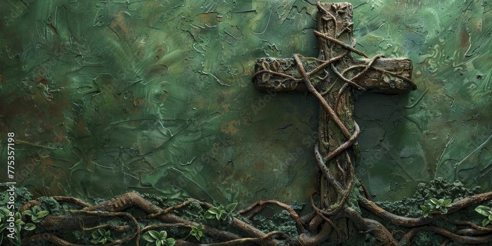 Tree Cross Background Cross made of intertwined tree roots, earth green background for ...