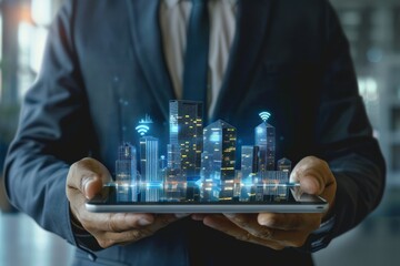 real estate agent holding tablet with 3d hologram