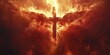 Cross silhouette within a phoenix's flame, rebirth red background for immortal faith.