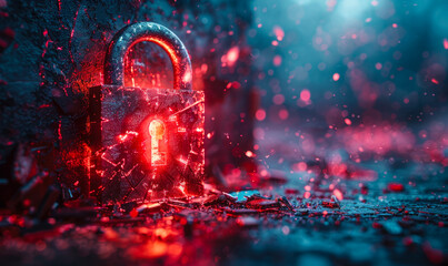 Poster - glowing, electrified padlock surrounded by fractal energy beams and chaotic particles, symbolizing t