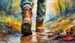 abstract expressionistic painting of a wilderness trek hiking boots treading an unseen path splatters and drips to depict mud and foliage bold color palette large canvas format