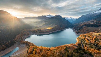 Canvas Print - aerial morning view of roselend lake lac de roselend picturesque autumn scene of auvergne rhone alpes france europe beauty of nature concept background